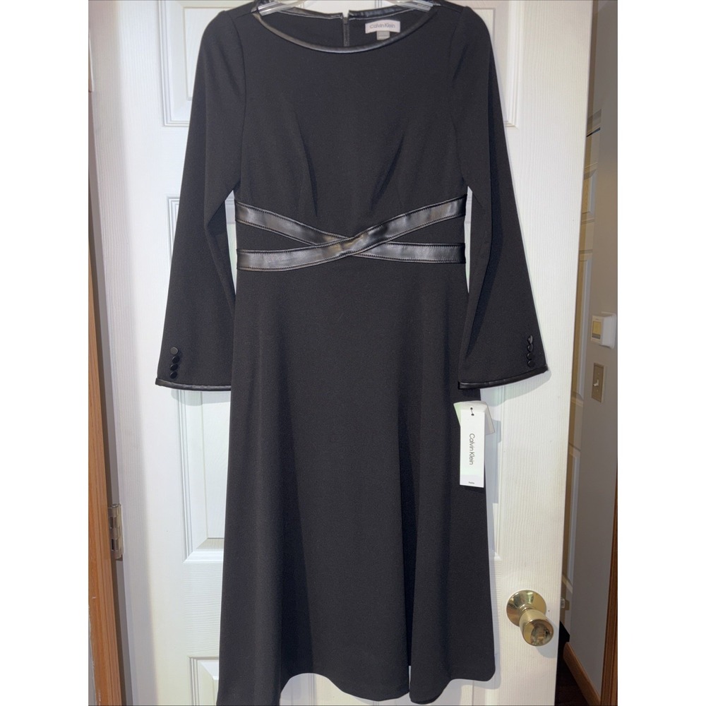 Calvin Klein Black Faux Leather Trim Long Sleeve Fit Flare Dress 4P 4 Petite NWT